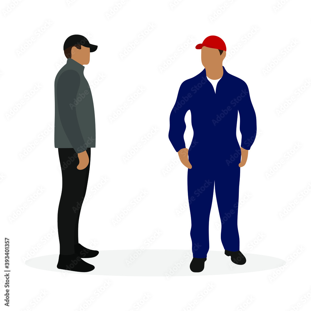 Fototapeta premium Male character in casual clothes and male character in work overalls together on a white background