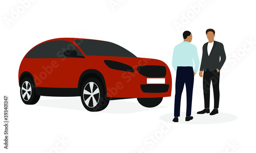 Two male characters in business clothes are standing and talking near a car on a white background