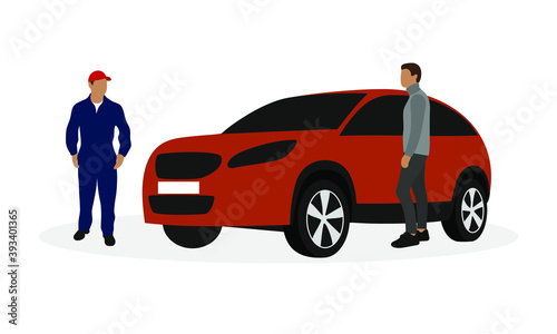 Male character and mechanic in work overalls are standing near the car