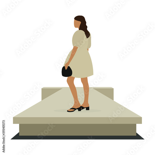 Female character in a beautiful dress and with a clutch in hand stands on a podium on a white background