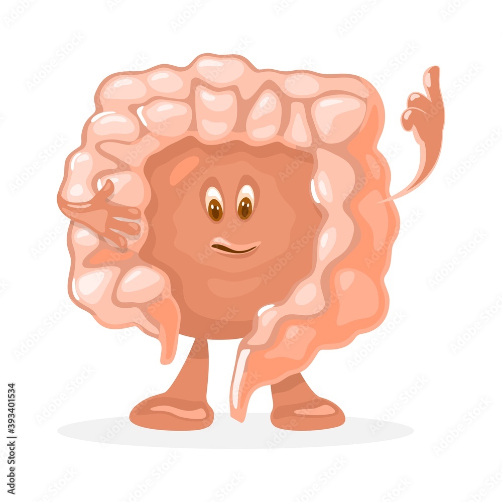 Happy human internal organ with emotion. Vector digestive tract or rectum in good condition. Microscopic bacterias, microflora and viruses. Medicine and healthcare design isolated on white background
