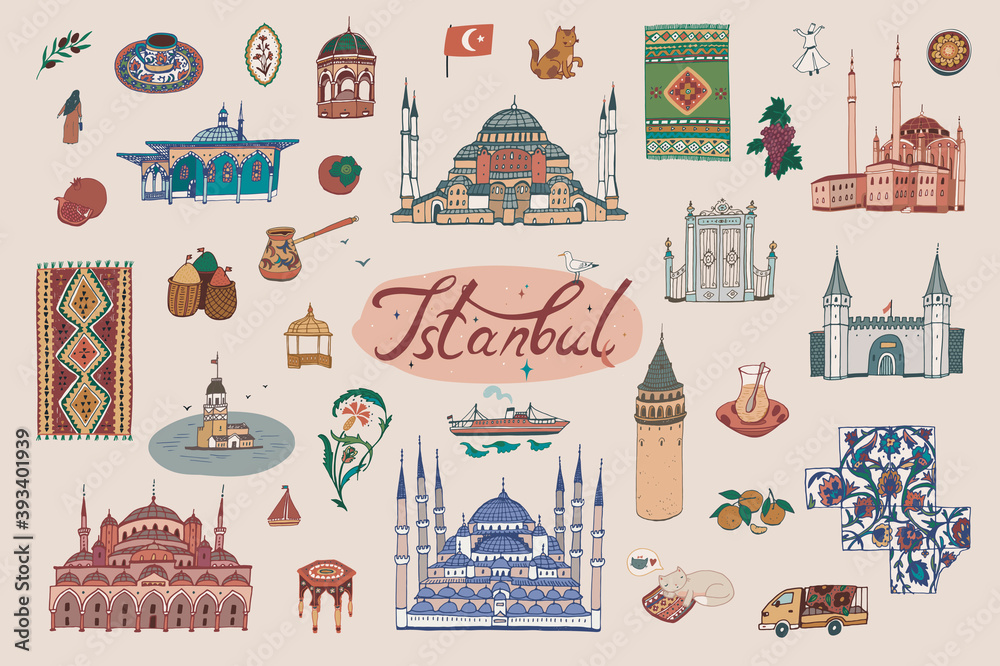 Obraz premium Turkey Istanbul architecture and culture objects vector hand drawn illustrations set