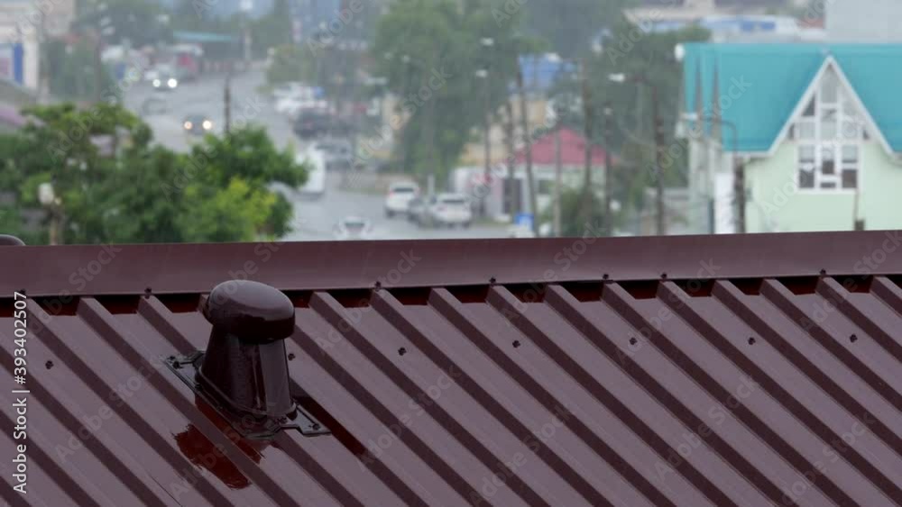 Heavy Rain Hitting House Roof During Thunderstorm In Summer Day. Heavy Rain Hitting House Roof During Thunderstorm In Summer Day.