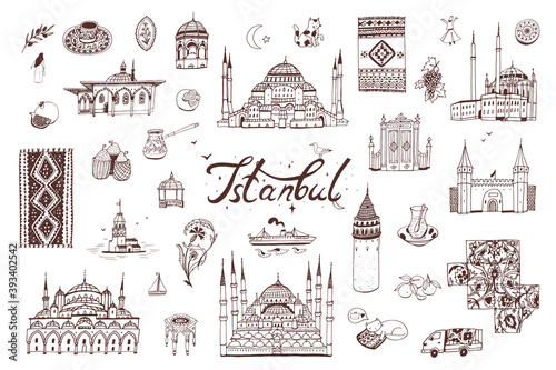 Turkey Istanbul architecture and culture objects vector hand drawn line illustrations set