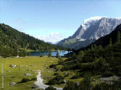 Via ferrata at high mountain lake Seebensee, Zugspitze mountain, Tyrol, Austria photo