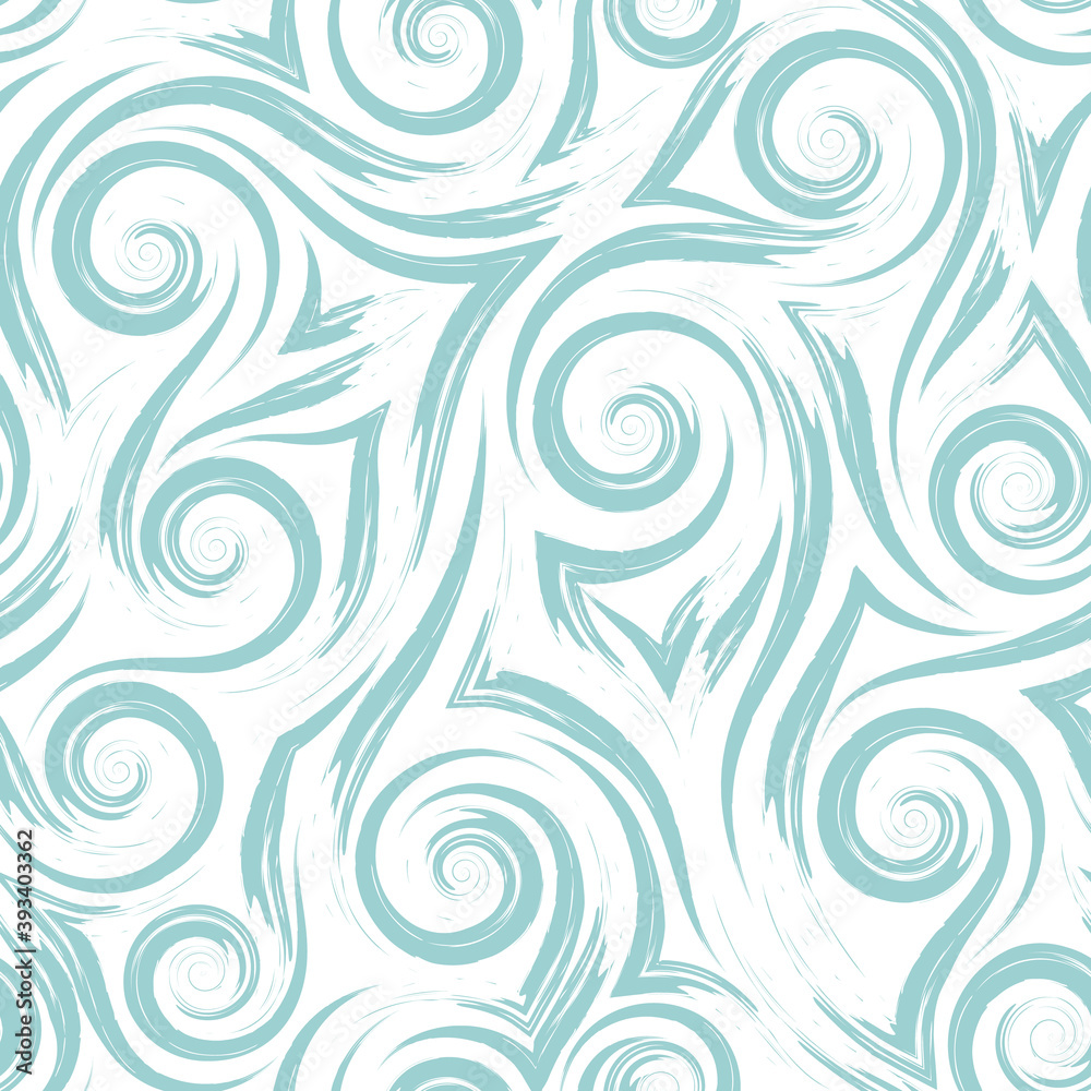 Turquoise smooth lines corners and spirals isolated on white background vector seamless pattern.Abstract geometric texture wave water splashes Turquoise smooth lines corners and spirals isolated on white background vector seamless pattern.Abstract geometric texture wave water splashes