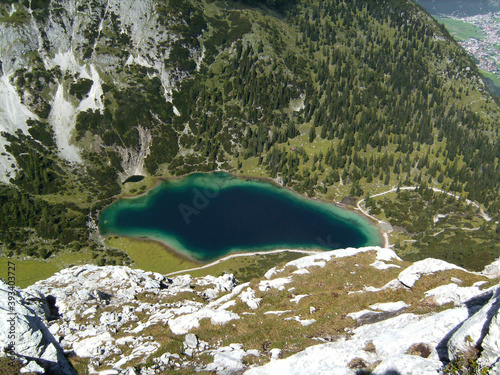 Via ferrata at high mountain lake Seebensee, Zugspitze mountain, Tyrol, Austria photo