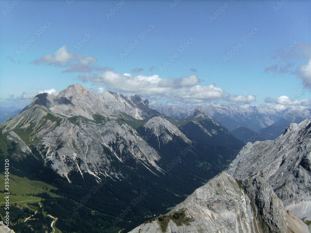 Fototapeta premium Via ferrata at high mountain lake Seebensee, Tajakopf mountain, Tyrol, Austria