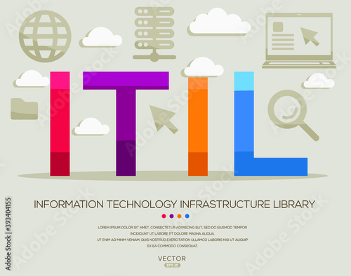 ITI mean (Information Technology Infrastructure Library) Computer and Internet acronyms ,letters and icons ,Vector illustration.
 photo