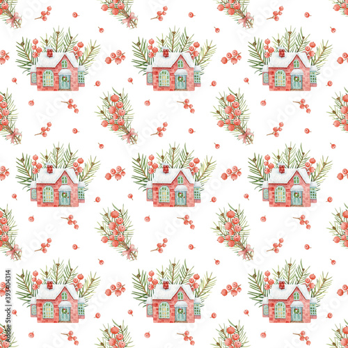 Watercolor seamless pattern for design, fabrics, wrapping paper, prints, decorations and etc. Hand-drawn Christmas illustrations. Festive background with fir branches, berries and cute red houses.