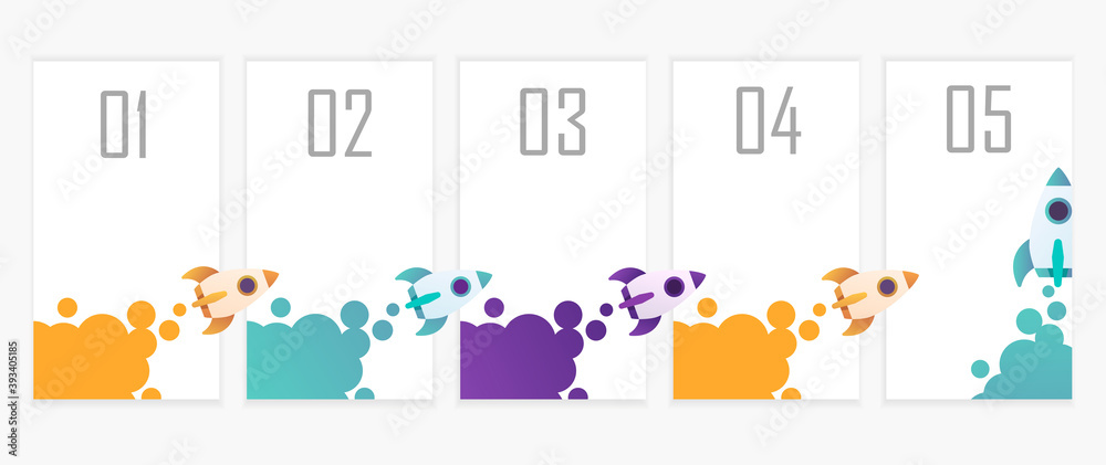 Modern infographic design. 5 steps in a horizontal row. Rocket at the start. 5 successive steps template for business, presentation, training, strategy, banner, poster. Vector illustration Modern infographic design. 5 steps in a horizontal row. Rocket at the start. 5 successive steps template for business, presentation, training, strategy, banner, poster. Vector illustration