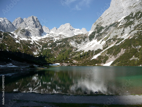 Via ferrata at high mountain lake Seebensee, Zugspitze mountain, Tyrol, Austria
