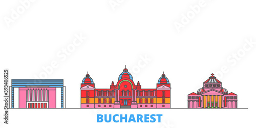 Romania, Bucharest cityscape line vector. Travel flat city landmark, oultine illustration, line world icons