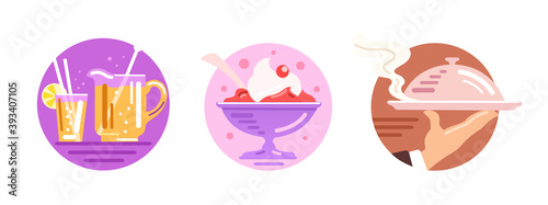 Icons on the theme of a bar, restaurant. Ice cream, cocktail, serving dishes. Vector flat illustration