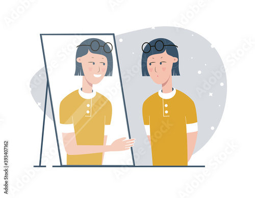 Girl looking at herself in the mirror with scepticism and dissatisfaction and reflection reaches her out as a sign of reconciliation. Self acceptance and confidence concept. Flat vector illustration.