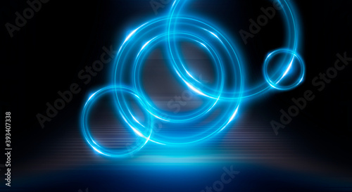 Neon circle. Dark street, neon light, smoke. Abstract dark background with neon glow, Wet asphalt, reflection on the water. Neon Rays and Lines.