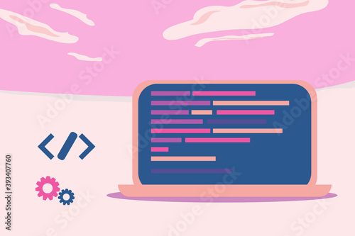 Abstract code developer and digital. shadow in laptop. sky and cloud in background of imagine. design by esp10.