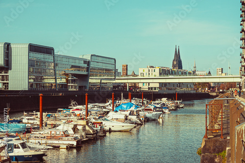Cologne Koln Köln, Germany: Panorama of the Rheinauhafen, Cologne Harbor, with Ships and Dom Cathedral View