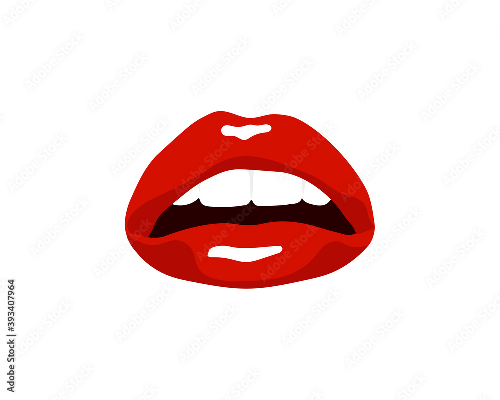 Collection of red lips. Vector illustration of a woman's sexy lips expressing different emotions such as smile, kiss, half-open mouth, lip biting, lip licking, tongue out. Isolated on white.