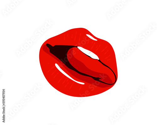 Collection of red lips. Vector illustration of a woman's sexy lips expressing different emotions such as smile, kiss, half-open mouth, lip biting, lip licking, tongue out. Isolated on white.