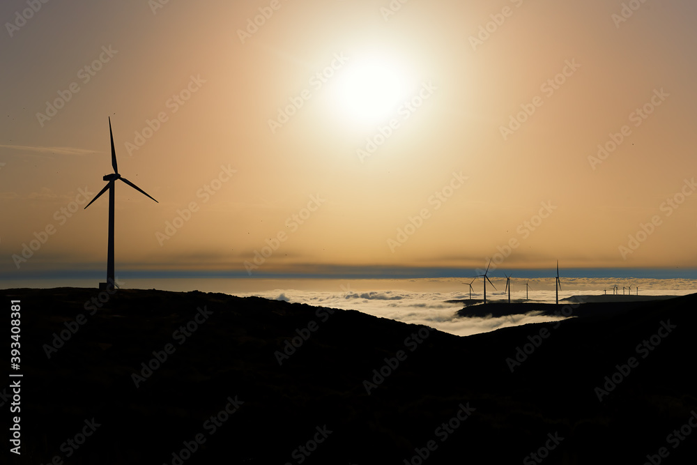 Obraz premium Silhouette of wind power plants against sun above misty landscape in background. Wind turbines in nature of Plateau Paul da Serra, Madeira island, Portugal.