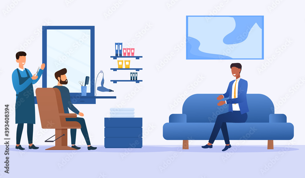 Barbershop, hairdresser service concept. Hairdresser holding scissors doing haircut for young man. Another man waiting on sofa. Barbershop interior. Cartoon flat vector illustration