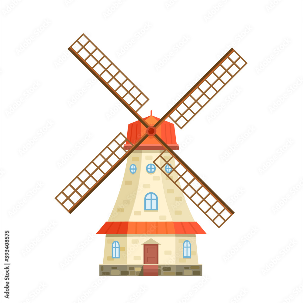 Windmill, traditional rural windmills. Agriculture tower. Isolated flat icon. Vector illustration.