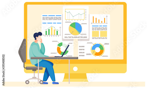 Businessman working and analyzing financial statistics. The marketer studies information about the metrics on the background. Freelance guy with laptop. Business data analysis. Mental office work
