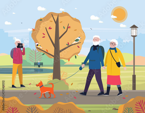 Senior active lifestyle outdoor concept. Senior couple walking with dog in the park, woman taking pictures of nature, man reading a book on the landscape background. Vector flat illustration.