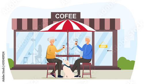 Happy grandparents with pet dog in cafe. Elderly couple sitting at table drinking coffee. Free time and leisure. Cartoon flat vector illustration with fictional human characters