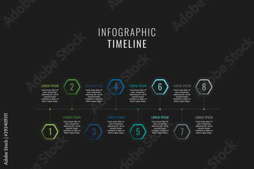 Eight steps horizontal timeline infographic template. Multicolor hexagonal elements with numbers and textboxes on a black background. Vector business data progress visualization. Eps 10