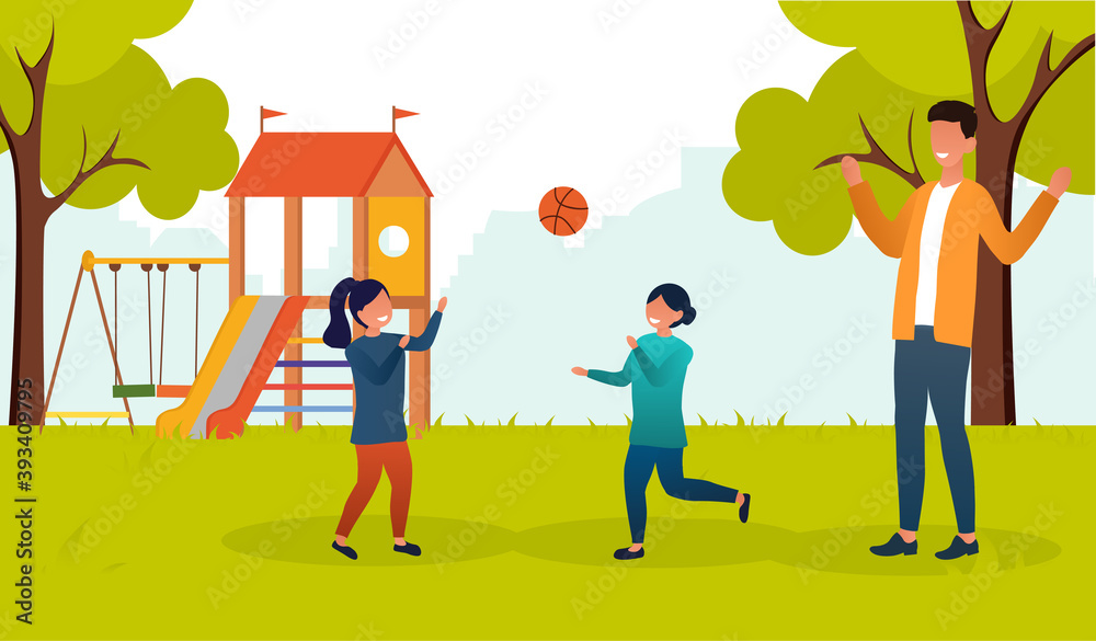 Family father with his daughters resting, spending leisure time outdoors. Man and little girls playing with ball on lawn in green city park. Happy cartoon characters. Flat vector illustration