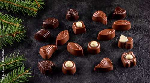 Chocolate candy in a box with christmas decoration