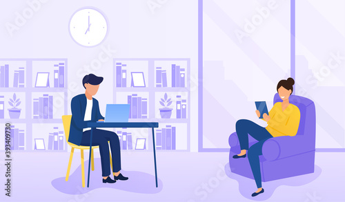 Couple of man and woman resting, have leisure at home. Man using laptop computer sitting at table. Woman sitting in a chair and using tablet. Home apartment interior. Cartoon flat vector illustration