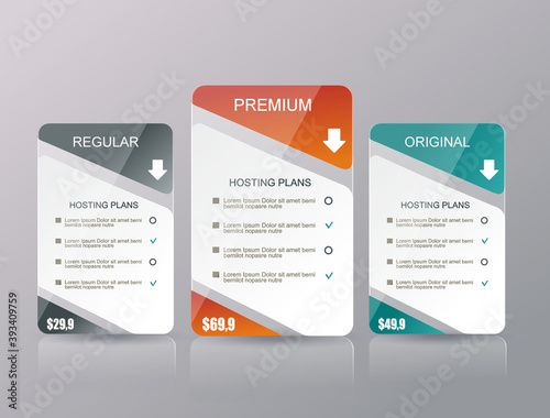 3 payment plans for online services, pricing table for websites and applications.