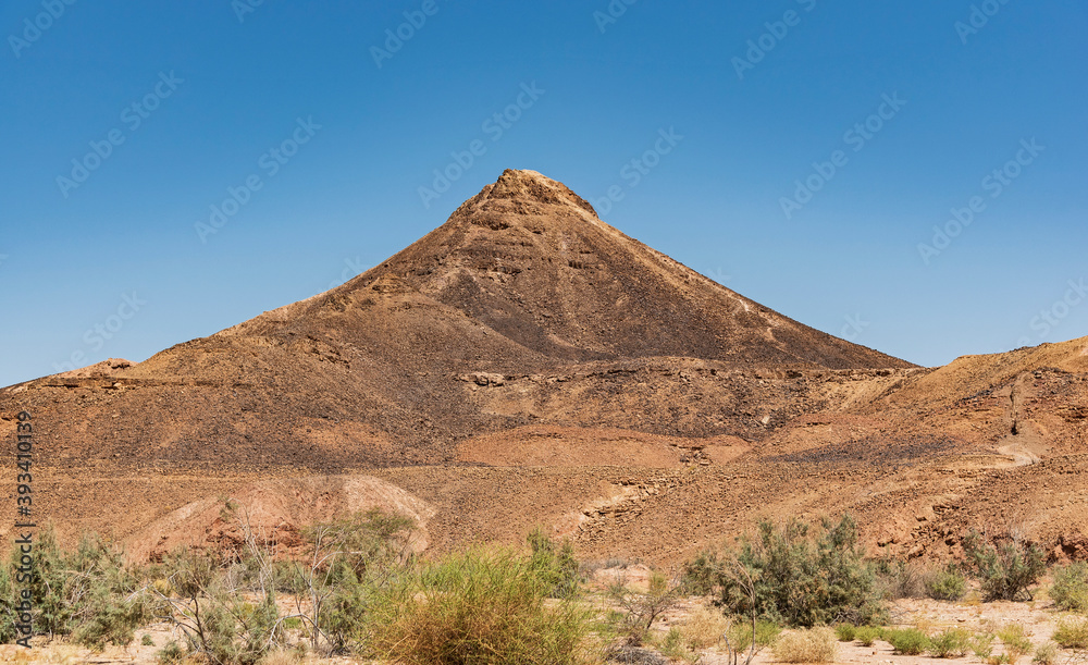 harut hill a cone shaped sandstone formation with a patina of desert varnish covering the stones on the surface with desert plants in the foreground and a clear blue sky in the background