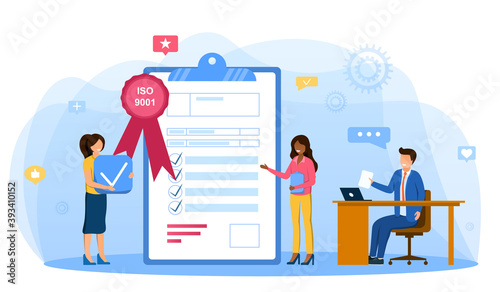 Good manufacturing practice. Stamp of approval. Quality management abstract concept. Standard for quality control, ISO 9001 , international certification concept. Cartoon flat vector illustration