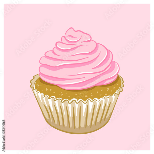 Illustration of light pink cupcake isolated on pastel pink background. Sweet and cute cartoon cupcake. Good for cards  prints  hang tags  stickers etc. Classic cupcake with cream cheese frosting.