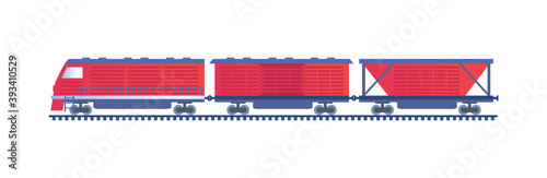 Freight train with locomotive and wagons isolated on white background. Train icon for railway service, branding and advertising. Transport for logistics and delivery. Vector illustration
