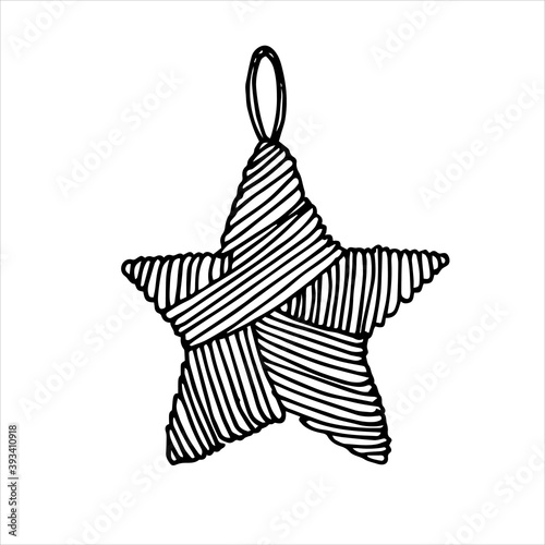 vector illustration in doodle style. Christmas tree toy star made of woolen yarn. symbol of christmas and new year, knitting, crocheting, hobby, homework, needlework
