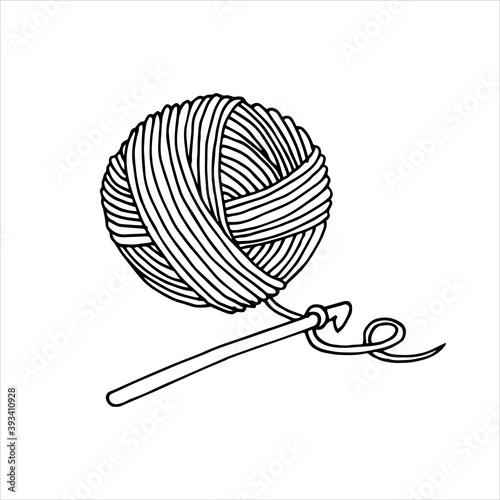 The author of the illustration in the style of doodle on the topic of knitting, crocheting. ball of wool and crochet hook isolated on white background. handicraft, needlework. photo