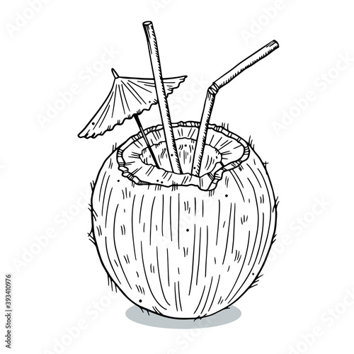 Illustration imprint of a coconut with straws and an umbrella. Black outline isolated on white background.