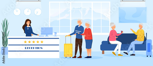 Old people accommodation in hotel. Hotel booking concept. Service on vacation. Old people came to rest. Rest at resort for elderly. Cartoon flat vector illustration