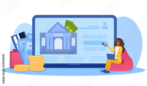 Businesswoman with laptop showing interface of banking application on computer monitor. Open banking platform, banking system, finance, digital transformation concept. Cartoon flat vector illustration