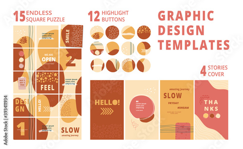 Set of social media puzzle template design, highlight buttons, stories cover in boho style. Bohemian endless square puzzle. Ig editable collage post frame. Abstract backgrounds vector illustration