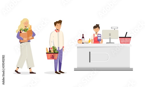 Supermarket cashier desk, customers queue with basket and grocery bags. Vector illustration in flat style