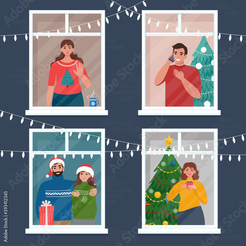 People in the windows celebrate at home. Flat vector illustration