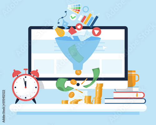Monetization tips. Sales funnel analysis, Purchase funnel concept. SMM strategies using internet technologies. Vector illustration in flat style