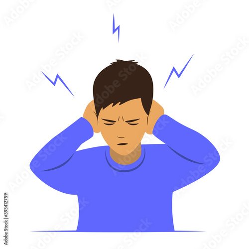 The boy with closed eyes covers his ears with his hands, dissatisfied and angry .