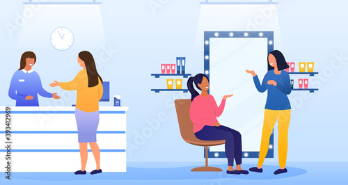 Woman visiting beauty salon, female client sitting in comfortable chair, waiting for pedicure, manicure procedure. Girl talking on reception with administrator of beauty salon. Vector illustration